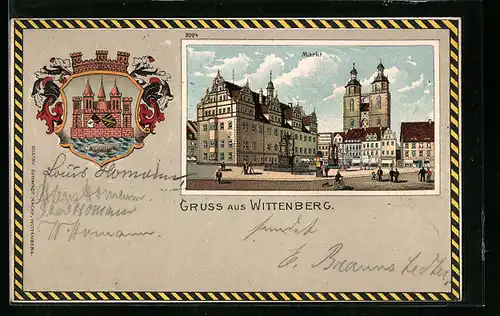 Lithographie Wittenberg a. E., Strassenpartie am Markt mit Litfasssäule und Strassenbahn, Wappen