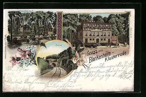 Lithographie Blankenheim-Klosterrode, Waldgasthaus zum Lampertus, C. Thöildte`s Park, Tunnel