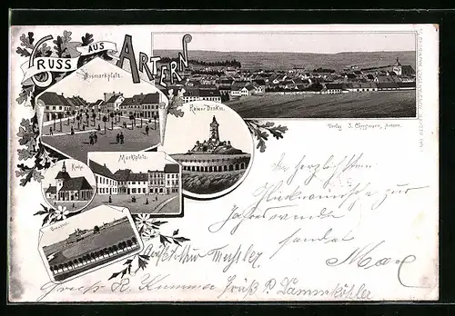 Lithographie Artern, Bismarckplatz, Kirche, Marktplatz, Brauerei, Kaiser Denkmal und Totalansicht