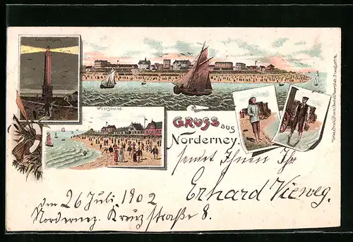 Lithographie Norderney, Leuchtturm, Weststrand und Panorama