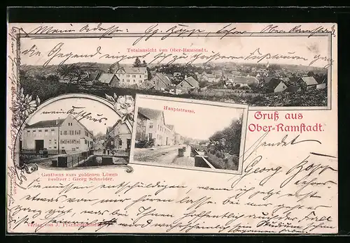 AK Ober-Ramstadt, Gasthaus zum goldenen Löwen, Totalansicht und Hauptstrasse