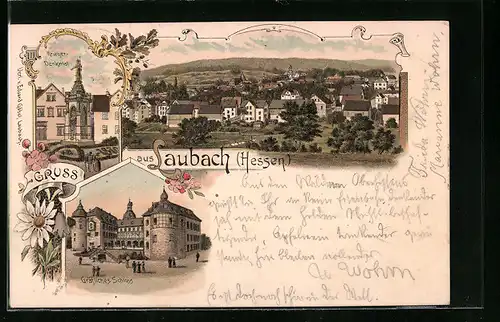 Lithographie Laubach i. H., Kriegerdenkmal, Gräfliches Schloss, Totalansicht aus der Vogelschau