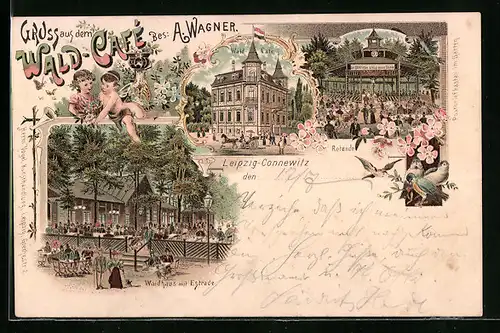 Lithographie Leipzig-Connewitz, Wald-Cafe von A. Wagner, Waldhaus mit Estrade