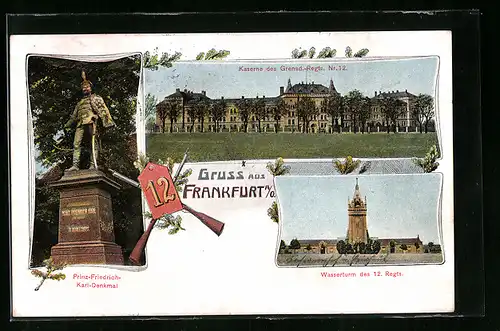 AK Frankfurt a. O., Prinz-Friedrich-Karl-Denkmal, Kaserne des Grenad.-Regts. Nr. 12, Wasserturm des 12. Regts