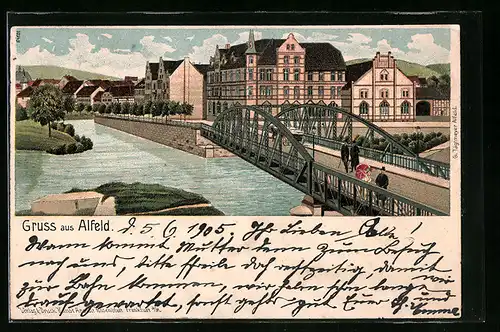 Lithographie Alfeld, Ortsansicht mit Brückenpartie