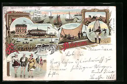 Lithographie Büsum, Hotel von H. Burmeister, Strandhotel und Strandhalle, Biwack auf Seehundjagd, Wattenläufer