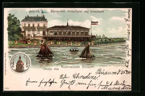 Lithographie Büsum, Strnadhotel und Strandhalle von Heinrich Burmeister, Damenbad und Hauptpromenade