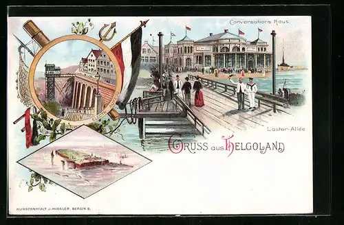 Lithographie Helgoland, Conversations Haus und Elektr. Aufzug