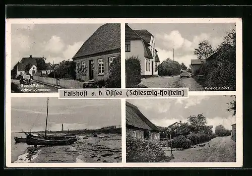 AK Falshöft a. d. Ostsee, Geschäftshaus Arthur Jürgensen, Pension Ehlers, Strandpartie