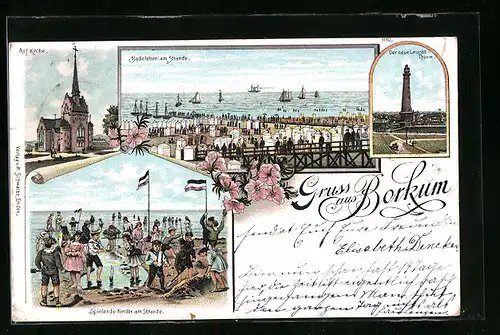 Lithographie Borkum, Badeleben am Strand, Der neue Leuchtturm, Ref. Kirche