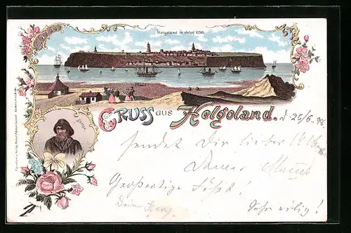 Lithographie Helgoland, Ansicht aus dem Jahr 1850 und Lotse