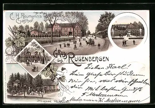 Lithographie Rugenbergen, C. H. Reumanns Gasthof mit Strassenpartie und Dampfzug