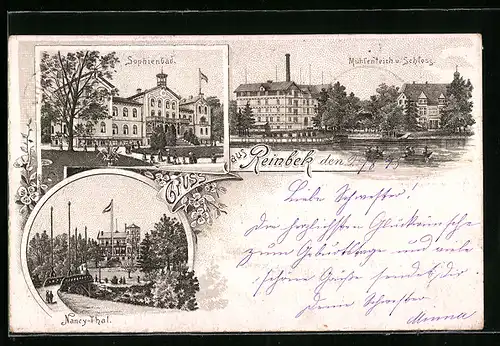 Vorläufer-Lithographie Reinbek, 1895, Mühlenteich und Schloss, Sophienbad