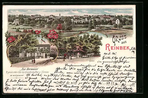 Lithographie Reinbek, Ortsansicht aus der Vogelschau mit Gesellschaftshaus Zur Harmonie