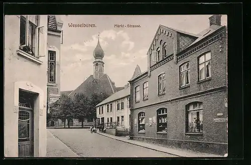 AK Wesselburen, Markt-Strasse mit Geschäft und Kirche