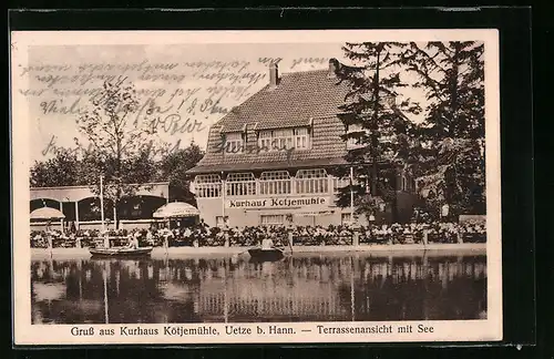 AK Uetze b. Hann., Kurhaus Kötjemühle, Terrassenansicht mit See
