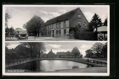 AK Kiel-Pries, Gotschs Gasthof und Omnibus-Haltestelle, Am Dorfteich