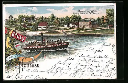 Lithographie Holtenau, Holtenauer Biergarten von W. Greve, Dampfer