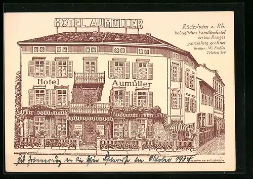Künstler-AK Rüdesheim a. Rh., Hotel Aumüller