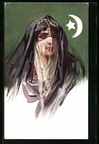 Künstler-AK Portrait einer jungen Frau mit Gesichtsschleier