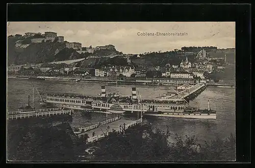 AK Coblenz-Ehrenbreitstein, Rheindampfer Kaiserin Auguste Victoria passiert Schiffsbrücke