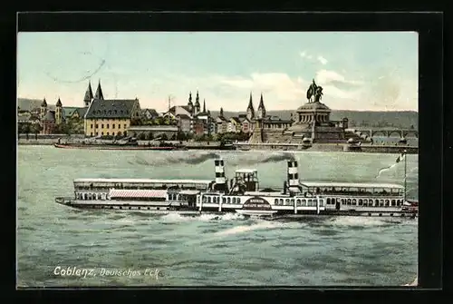 Künstler-AK Coblenz, Rheindamper Kaiserin Auguste Victoria passiert das Deutsche Eck