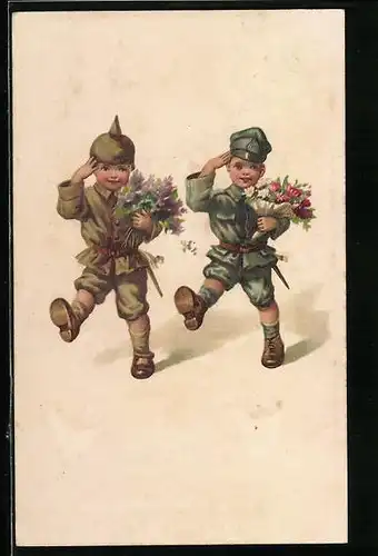 Künstler-AK Zweibundsoldaten mit Blumensträussen, Kinder Kriegspropaganda