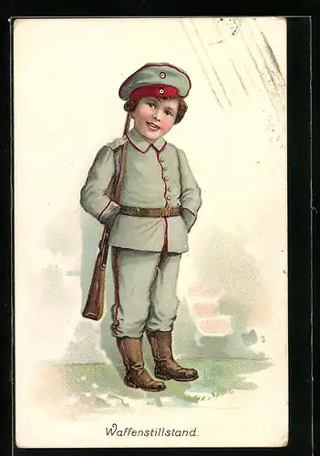 Lithographie Kleiner Soldat im Wallenstillstand, Kinder Kriegspropaganda