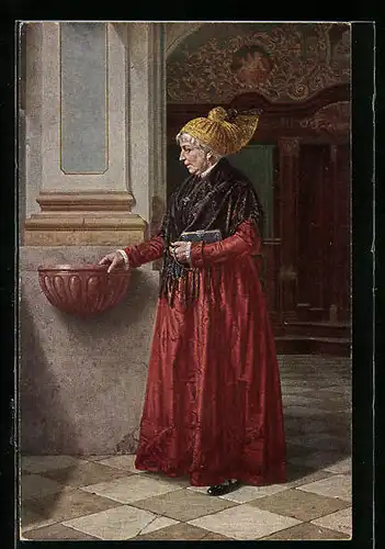 Künstler-AK Alte Frau in Tracht am Weihwasserbecken