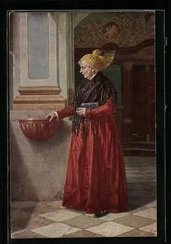 Künstler-AK Alte Frau in Tracht am Weihwasserbecken
