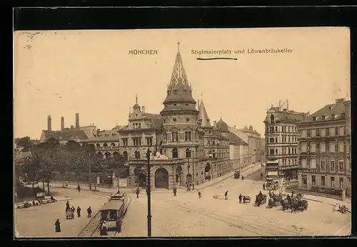 AK München, Stiglmaierplatz und Gasthaus Löwenbräu-Keller, Strassenbahn