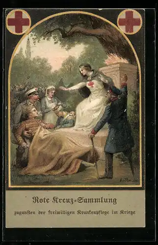Künstler-AK Sammlung Rotes Kreuz für freiwillige Krankenpflege im Kriege - Verwundete, Schwester auf Denkmals-Sockel