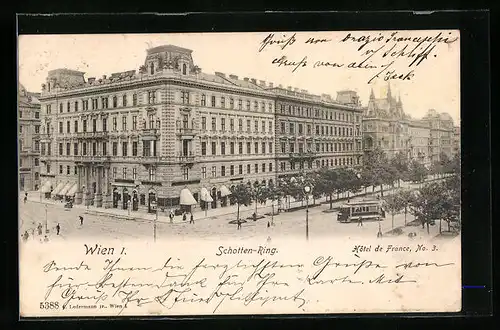 AK Wien, Schotten-Ring mit Hôtel de France und Strassenbahn