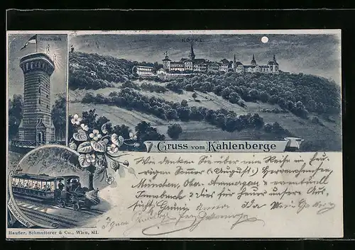 Mondschein-Lithographie Wien, Aussichtswarte, Hotel auf dem Kahlenberg und Dampflokomotive