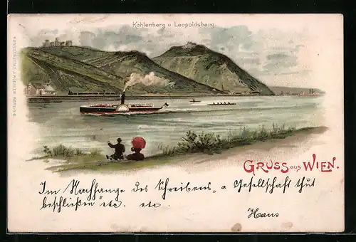Lithographie Wien, Kahlenberg und Leopoldsberg mit Donaudampfer