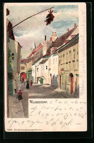 Lithographie Wien-Nussdorf, Strassenpartie mit Passanten