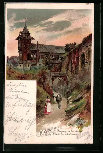 Lithographie Wien-Nussdorf, Zugang zum Gasthof Bockkeller und K. K. Hofbräuhaus