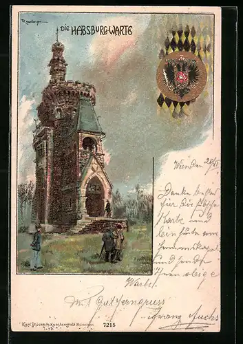 Lithographie Wien, Spaziergänger vor der Habsburgwarte