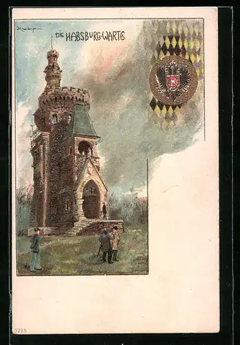 Lithographie Wien, Spaziergänger vor der Habsburgwarte