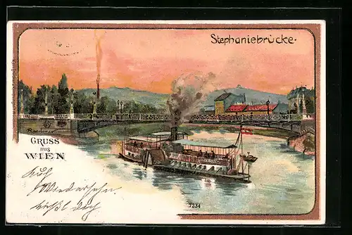 Lithographie Wien, Stephaniebrücke mit Dampfer