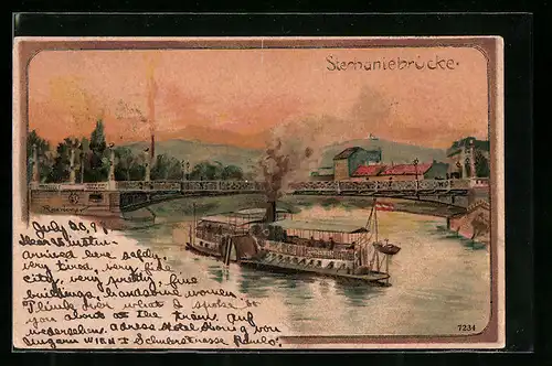 Lithographie Wien, Stephaniebrücke mit Dampfer