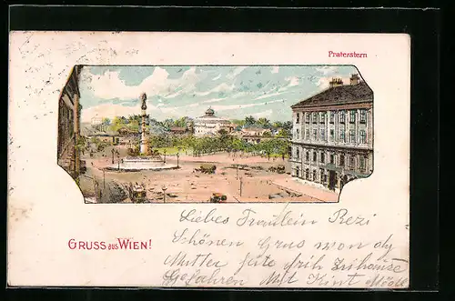 Lithographie Wien, Praterstern mit Denkmal