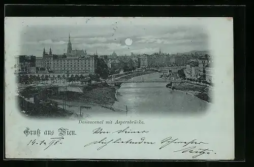 Mondschein-Lithographie Wien, Donaucanal mit Aspernbrücke
