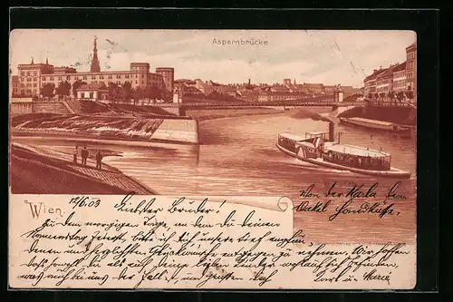 Lithographie Wien, Aspernbrücke mit Dampfer