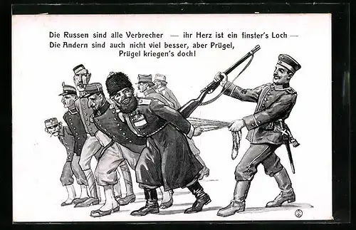 AK Deutscher Soldat führt seine Feinde an der Leine