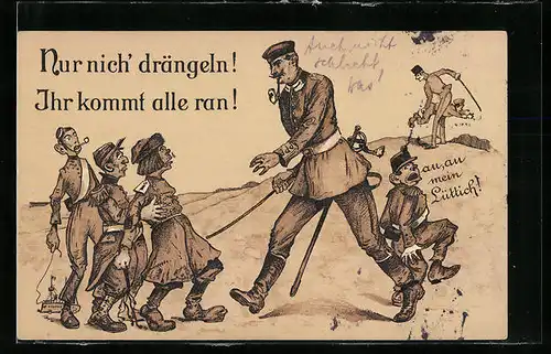 Künstler-AK Deutscher Soldat fordert den Feind auf nicht zu drängeln