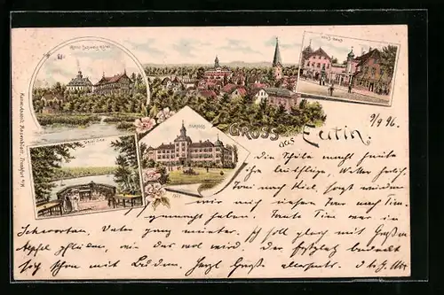 Lithographie Eutin, Schloss, Holst. Schweiz Hotel und Voss-Haus