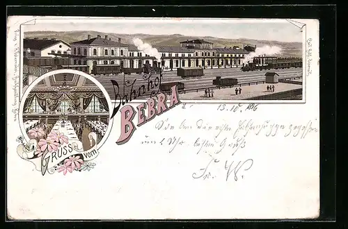 Lithographie Bebra, Ansicht des Bahnhofes mit Dampflokomotiven