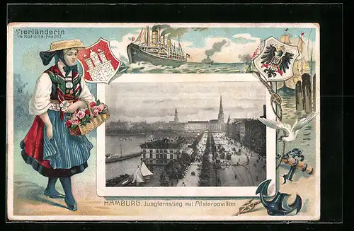 Passepartout-Lithographie Hamburg-Neustadt, Jungfernstieg mit Alsterpavillonund Vierländerin in Tracht