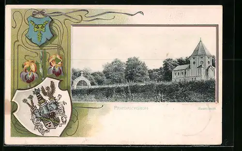 Passepartout-Lithographie Friedrichsruh, Mausoleum und Wappen